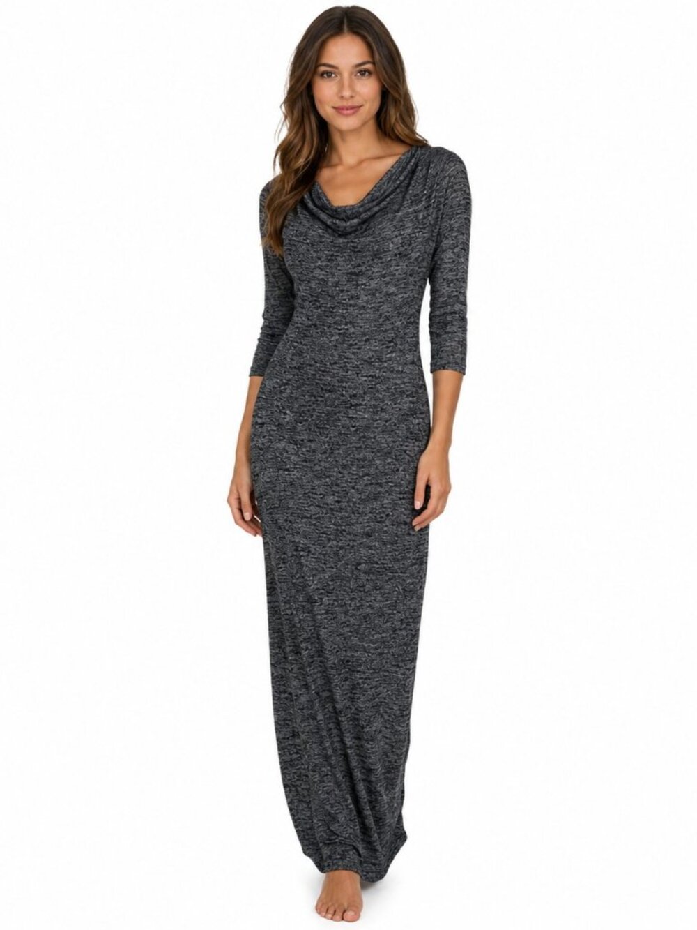 Soma Maxi Dress Black Gray Side Slit Stretch Size Small 3/4 Sleeve Cowl Neck